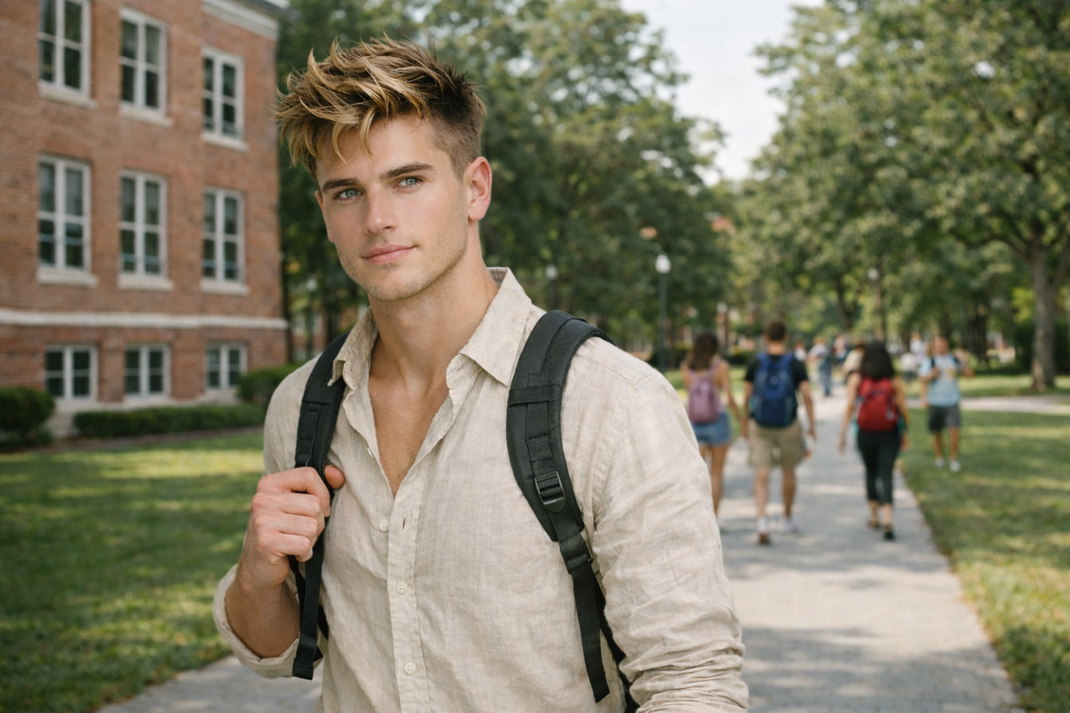 A young man with blonde, tousled hair and blue eyes standing outdoors on a college campus with trees and a brick building in the background. He's wearing a light-colored button-up shirt and carrying a black backpack over one shoulder.