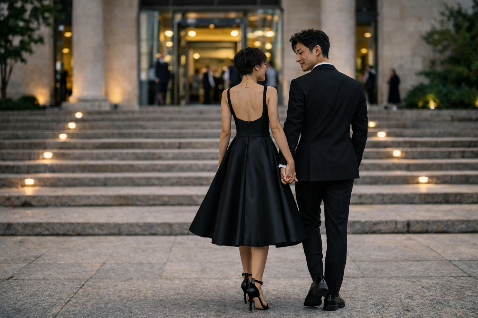 A couple dressed in formal black attire walking hand-in-hand up stairs outside a building, with lights along the steps and people in the background.