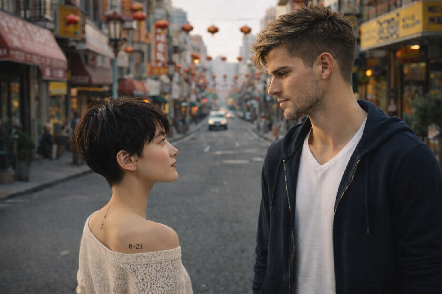 A young woman and a young man are standing face-to-face on an urban street decorated with red lanterns, looking at each other with serious expressions.