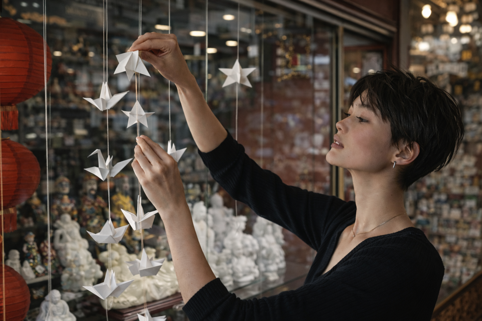 A woman with short dark hair and earrings arranging white paper origami cranes hanging in a store window display.