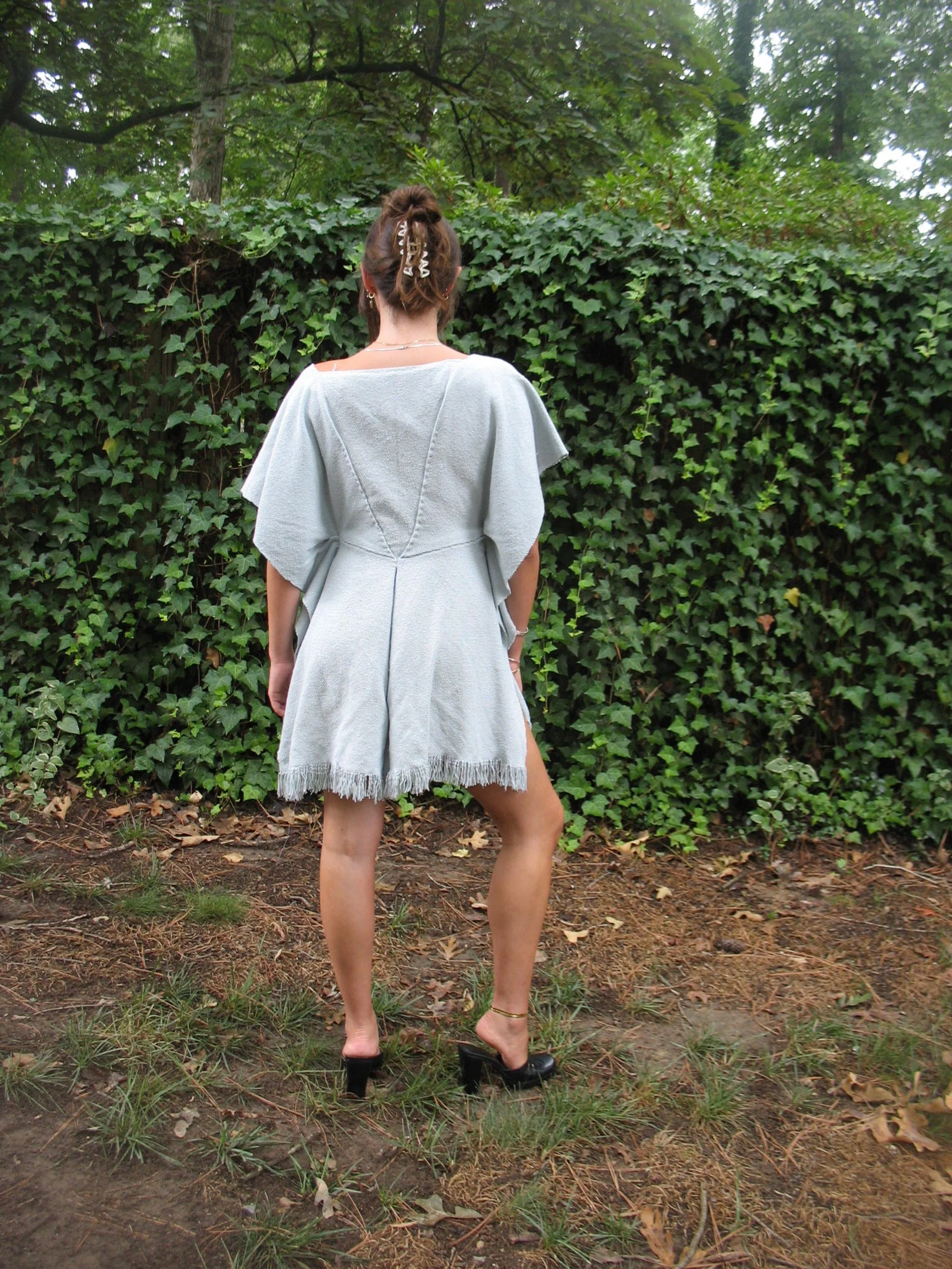 2023. Blue Hand-Woven Dress. Made from Italian Silk Yarn bought in Florence, I hand-wove a large piece of fabric, plain weave, and draped over the mannequin. Everything is hand-sewn.