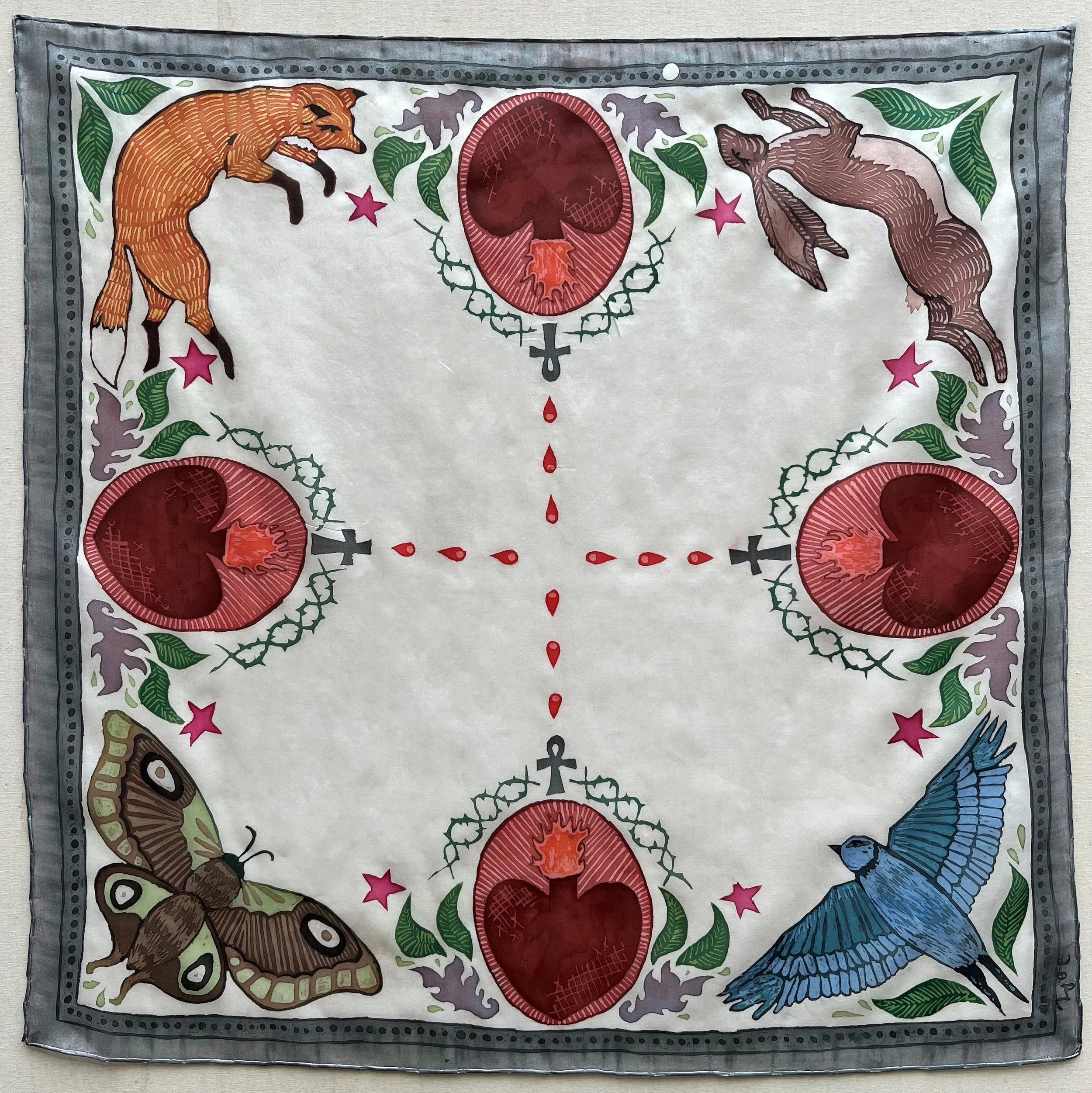 2023. Woodland Batik. 22" x 22" silk scarf, Batik. I created this batik during my apprenticeship in Florence, Italy. I was inspired by the religious symbols seen in the churches and tabernacles. Thorns from Jesus Christ's crown of thorns can be seen 