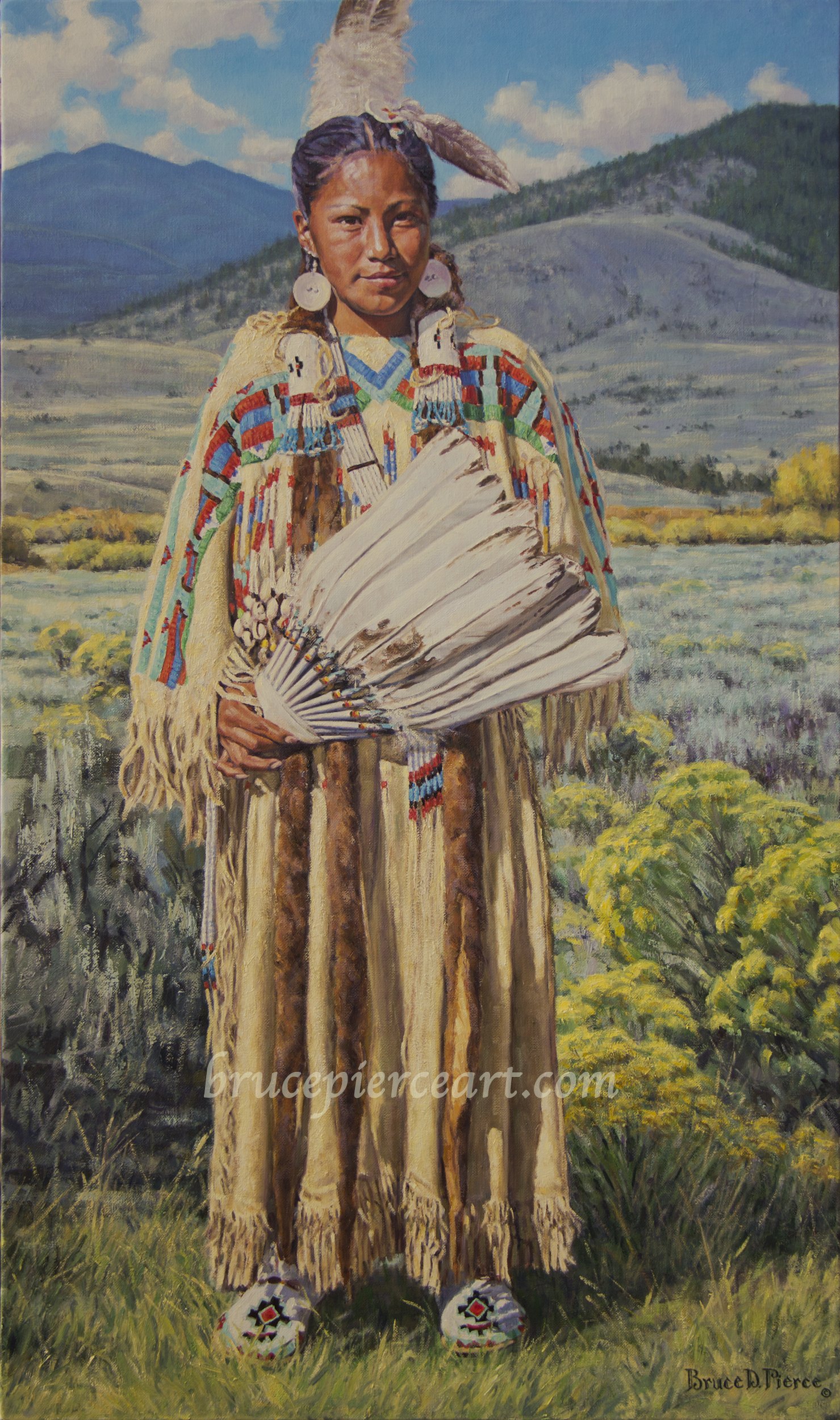 "Indian Summer"
oil on linen, 26"x 42". Sold.
Giclee prints available. This beautiful native dancer, in her traditional dance regalia, was one of my favorites in the whole "Powwow" cultural gathering. I wanted the background or setting to accen