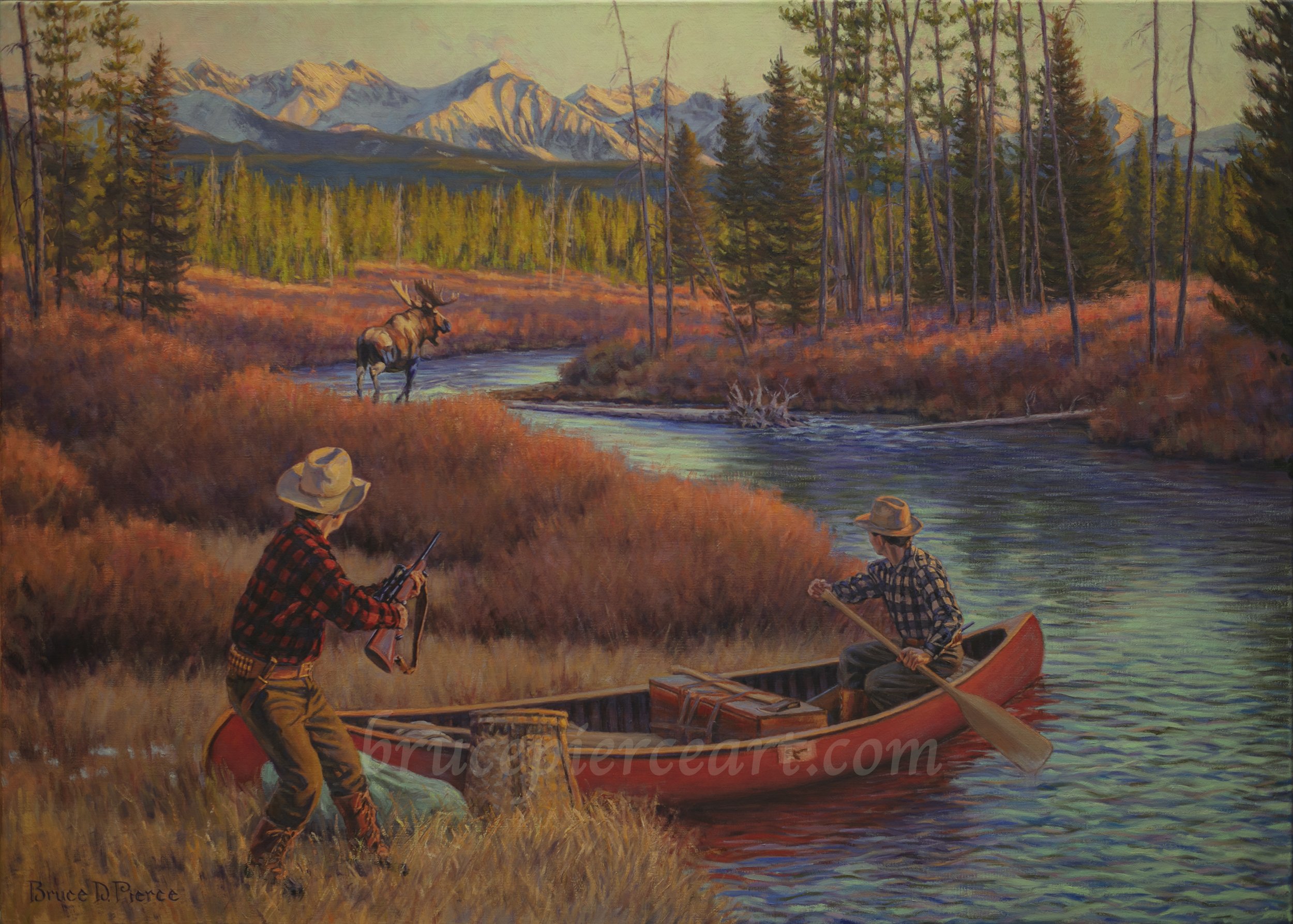"Just About to Ruin a Moose Hunt"
oil on linen, 30"x 42", Sold.
Giclee prints available. After years of applying for a coveted moose permit, they finally draw one. Then after weeks of planning, of scouting, of packing, the anticipation growing