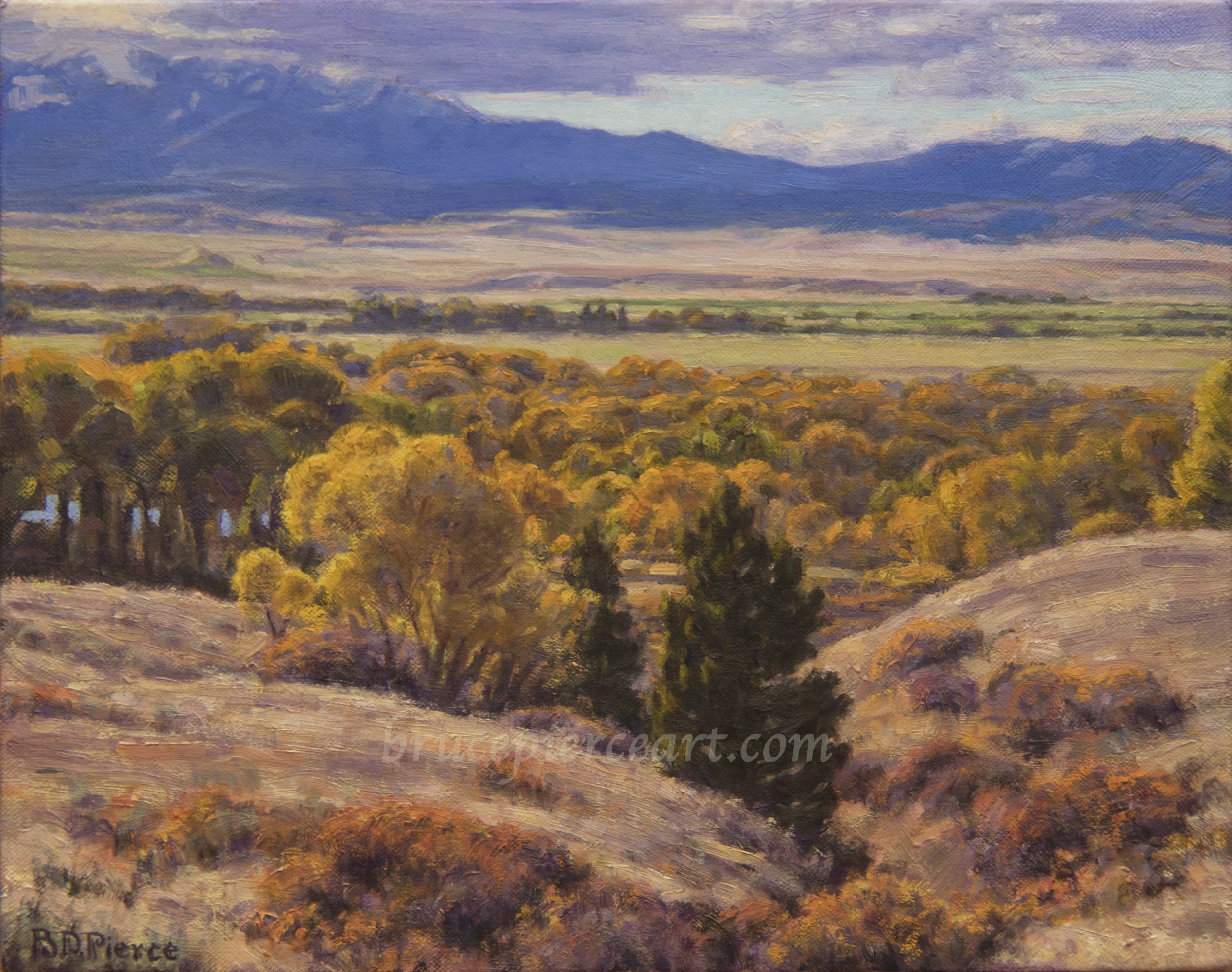 "Jefferson River Overlook"
oil on canvas, 11"x 14", Sold.
Giclee prints available. Wandering the back roads in the foothills of the Tobacco Root mountains, I came upon this colorful view, overlooking the Jefferson River and valley, with the Hi