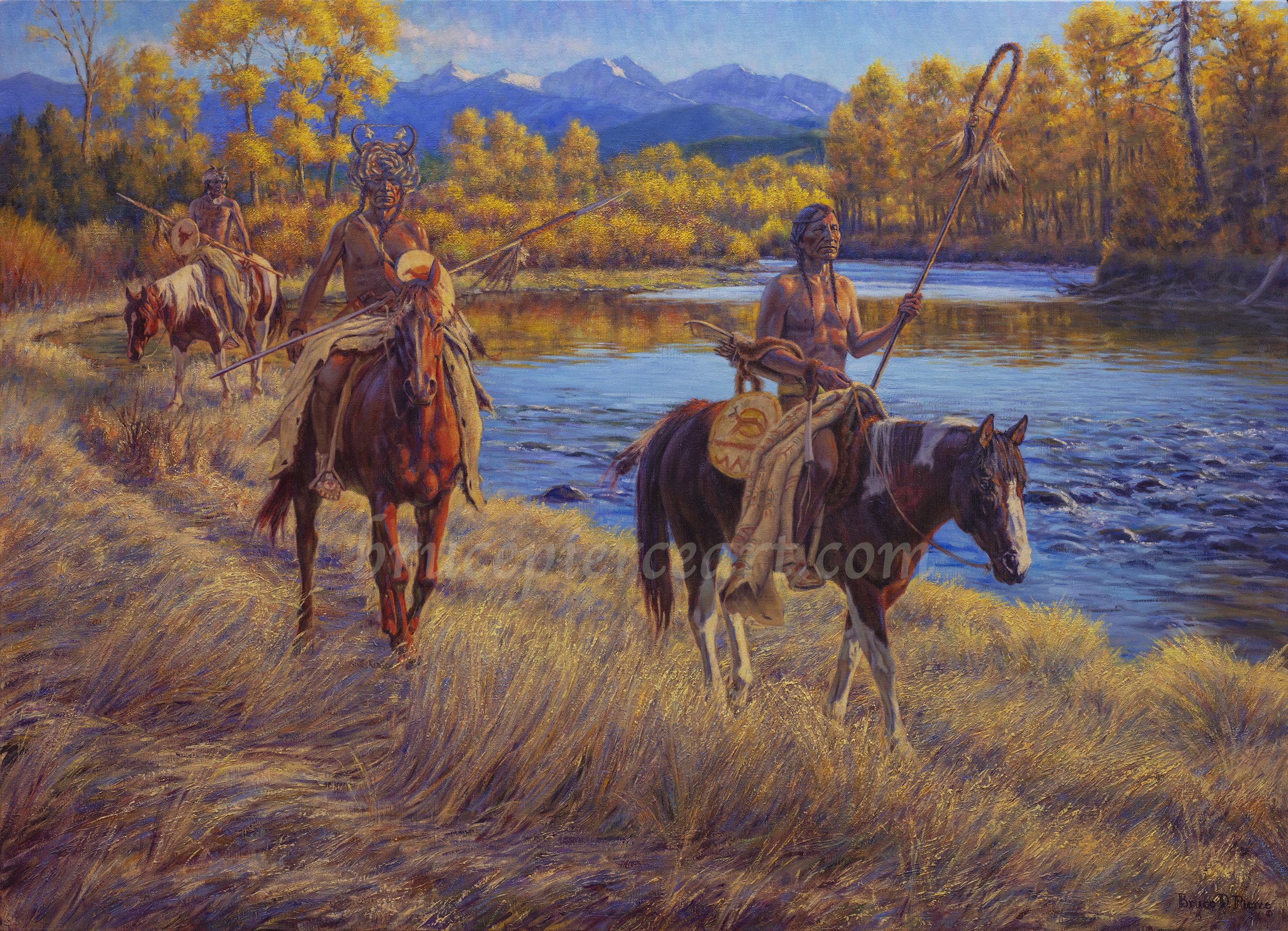 "Border Patrol in Paradise"
oil on linen, 42"x 58".
Available for sale, contact artist.
Giclee prints available. One of my favorite scenes along the Gallatin River, with the Spanish Peaks in the distance. This big painting was also inspired by