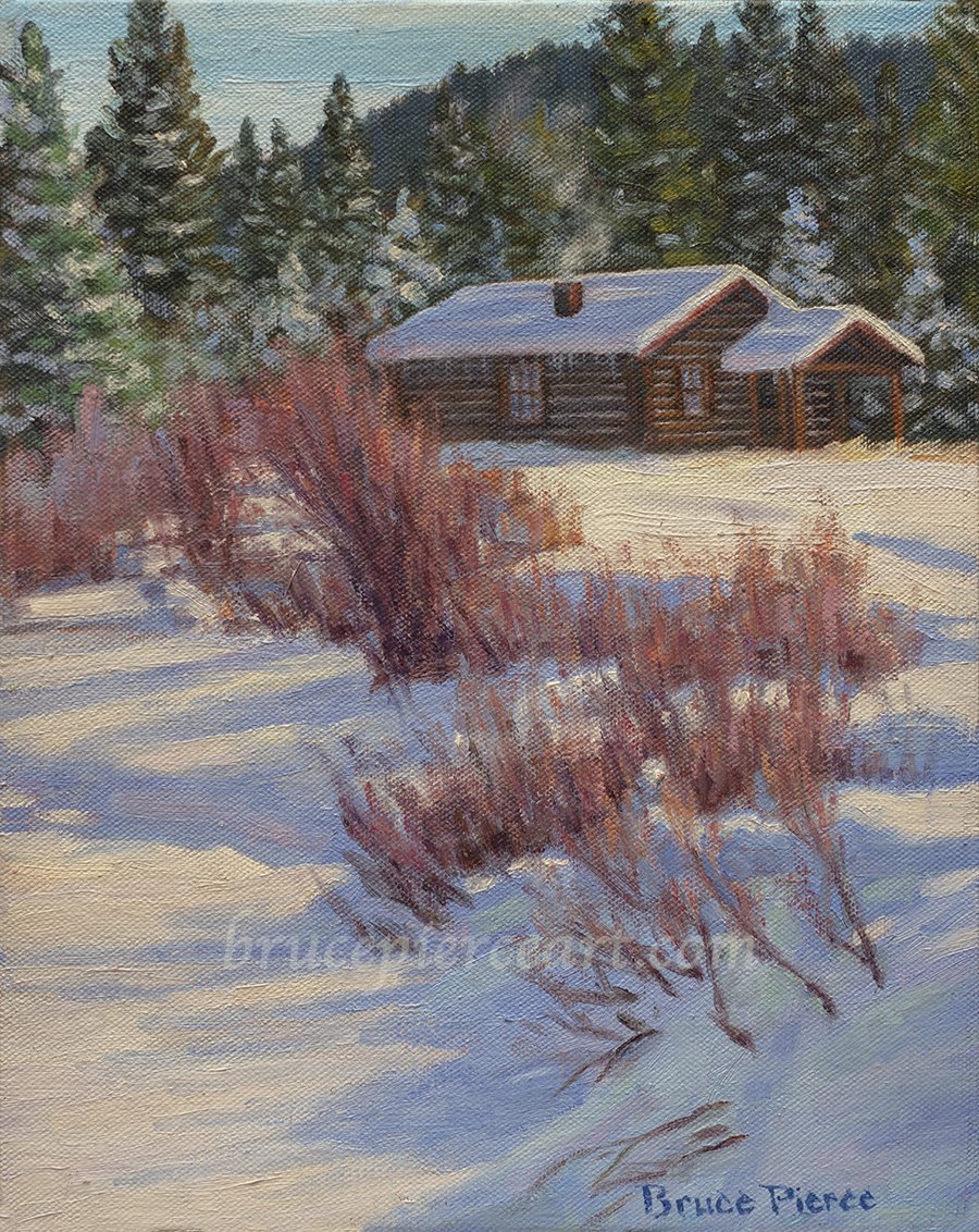 "Porcupine Creek Cabin" field study
oil on canvas, 12"x 9" , Sold. I have been wanting to paint a picture of this little cabin for years, so this beautiful "Fall" day, I set up my easel right in the frozen creek bottom, and mostly finished the