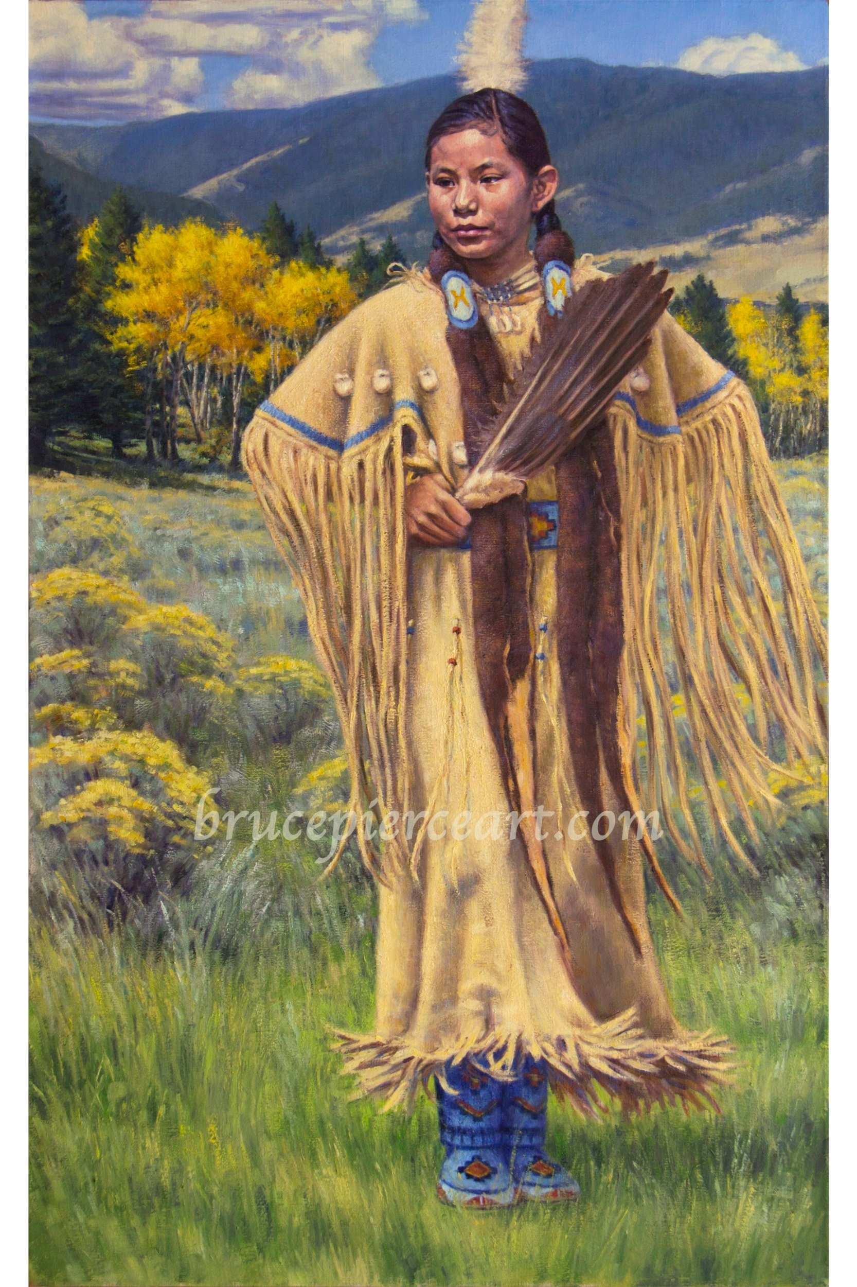 "Moon of the Painted Leaves"
oil on linen, 26"x 42", Sold.
Giclee prints available. Another beautiful, proud, and graceful traditional dancer, that inspired me.