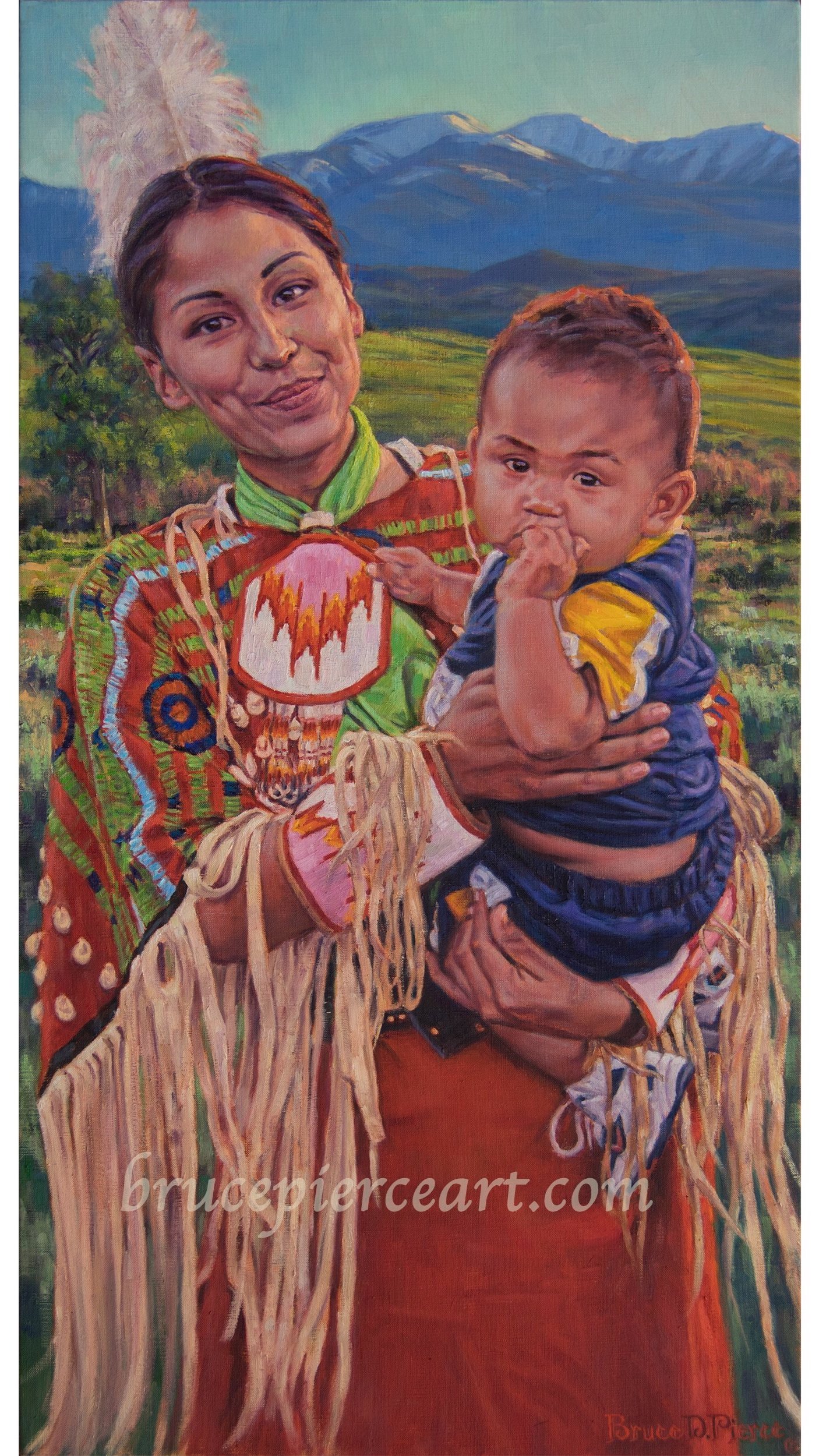 "The Nike Generation"
oil on linen, 33.5"x 18".
Available for sale, contact artist.
I was struck by the contrast of these native people all so proudly dressed in their traditional costumes, so beautifully decorated in such a personal, individual
