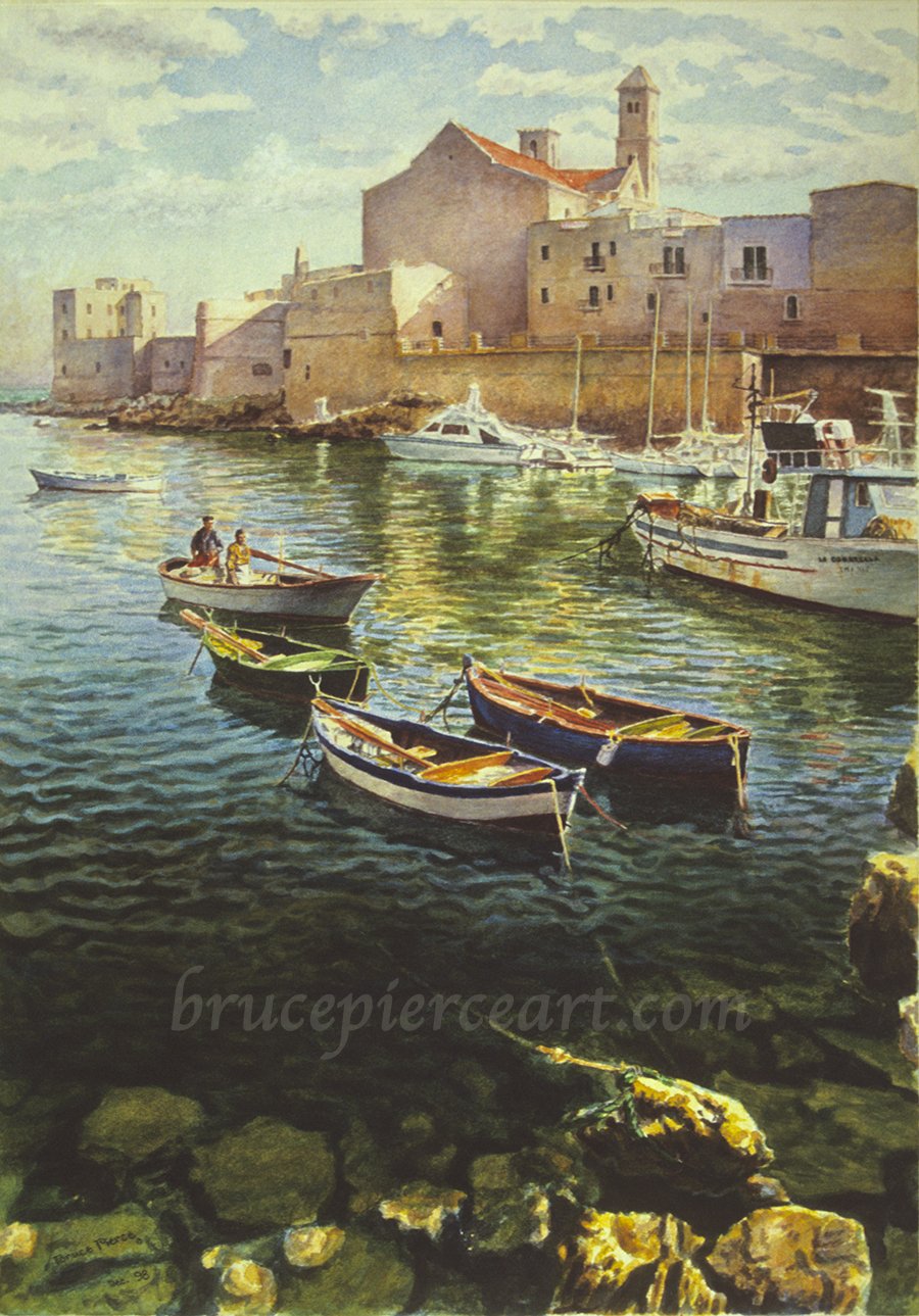 "Giovinazzo, Italy"
Watercolor, 22"x 16". Sold
Giclee prints available.
In Italy, everywhere you go, everywhere you look, there is a scene begging to be painted! Whether in the hills and mountains of Tuscany, the medieval hilltop towns of Umbria,