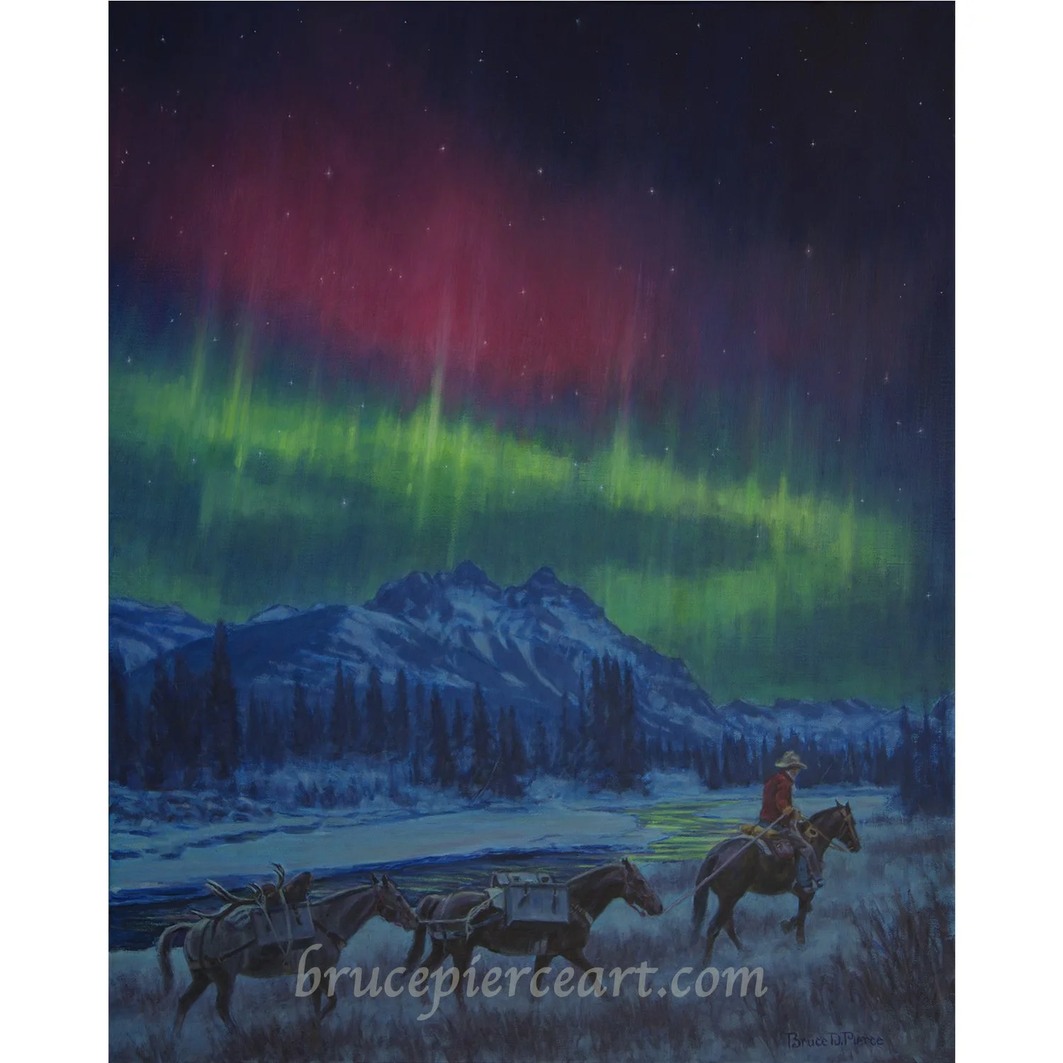 "A Front Row Seat"  oil on linen, 30"x 24"   January 20 2026 there were northern lights in our area that inspired this painting.  A packer, after a successful hunt, has a front row seat on his trip out of the back country.