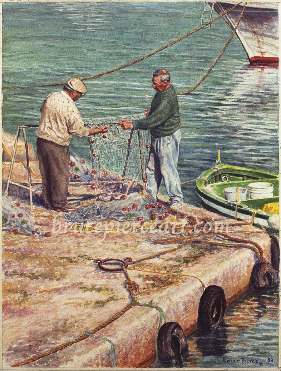 "Mending the Nets" Giovinazzo, Italy
watercolor, 12"x 16", Sold.
Giclee prints available. The fishing was done mostly in the evening and night, with the "catch" coming in in time for the morning market, but then during the day, the nets and boats h