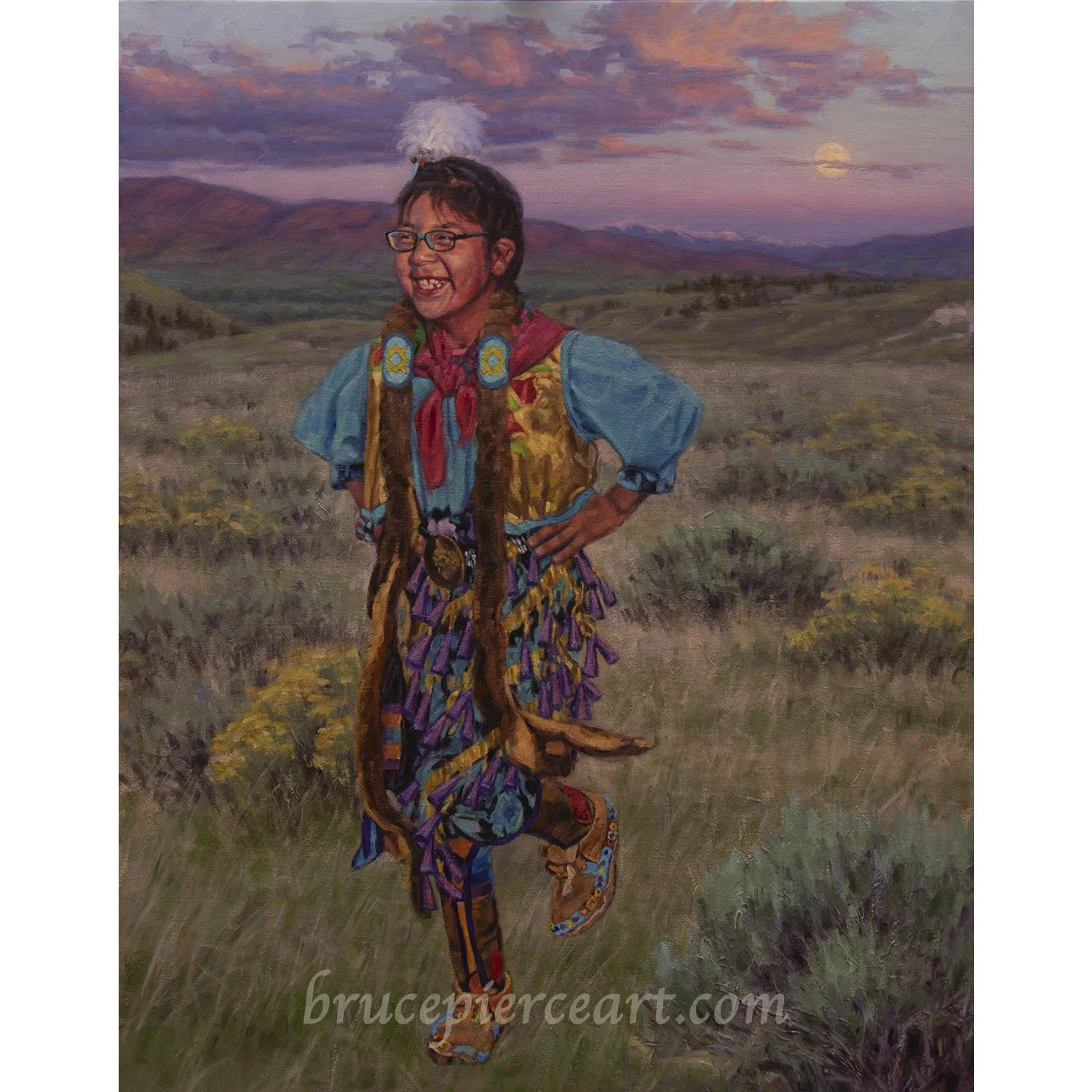"Sadie" oil on linen, 28"x 24"  This was a commissioned portrait of a young Northern Cheyenne girl, in her "jiggle dance" dress.  Sadie is even more of a bright, joyous, and lovable young lady than what I was able to capture...but that was the high m