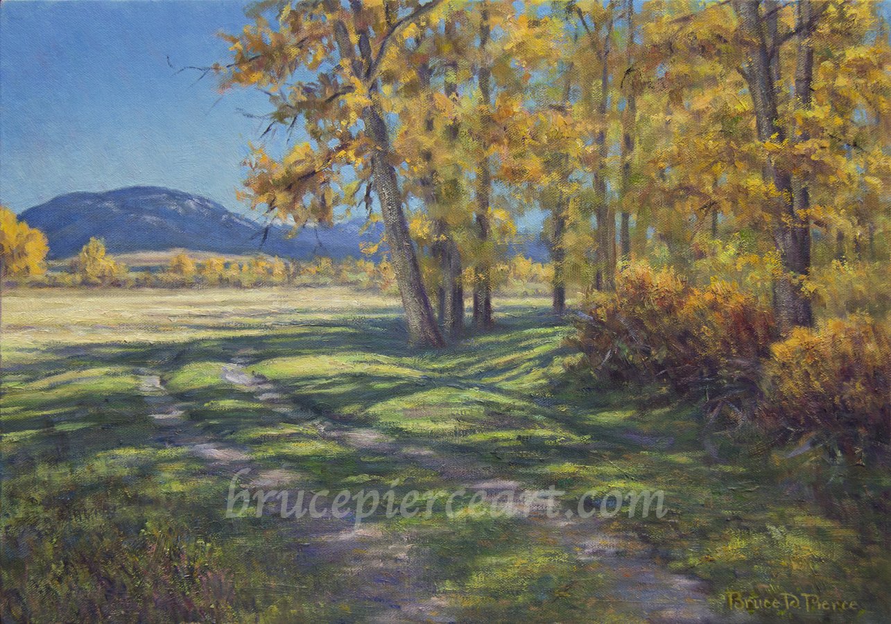 "Gallatin Evening Shadows"
oil on canvas, 14"x 20", Sold.
Giclee prints available. Not far from home, I find myself every Fall, wandering the river bottom of the Gallatin River with my camera and paint box. The lengthening shadows of the cot