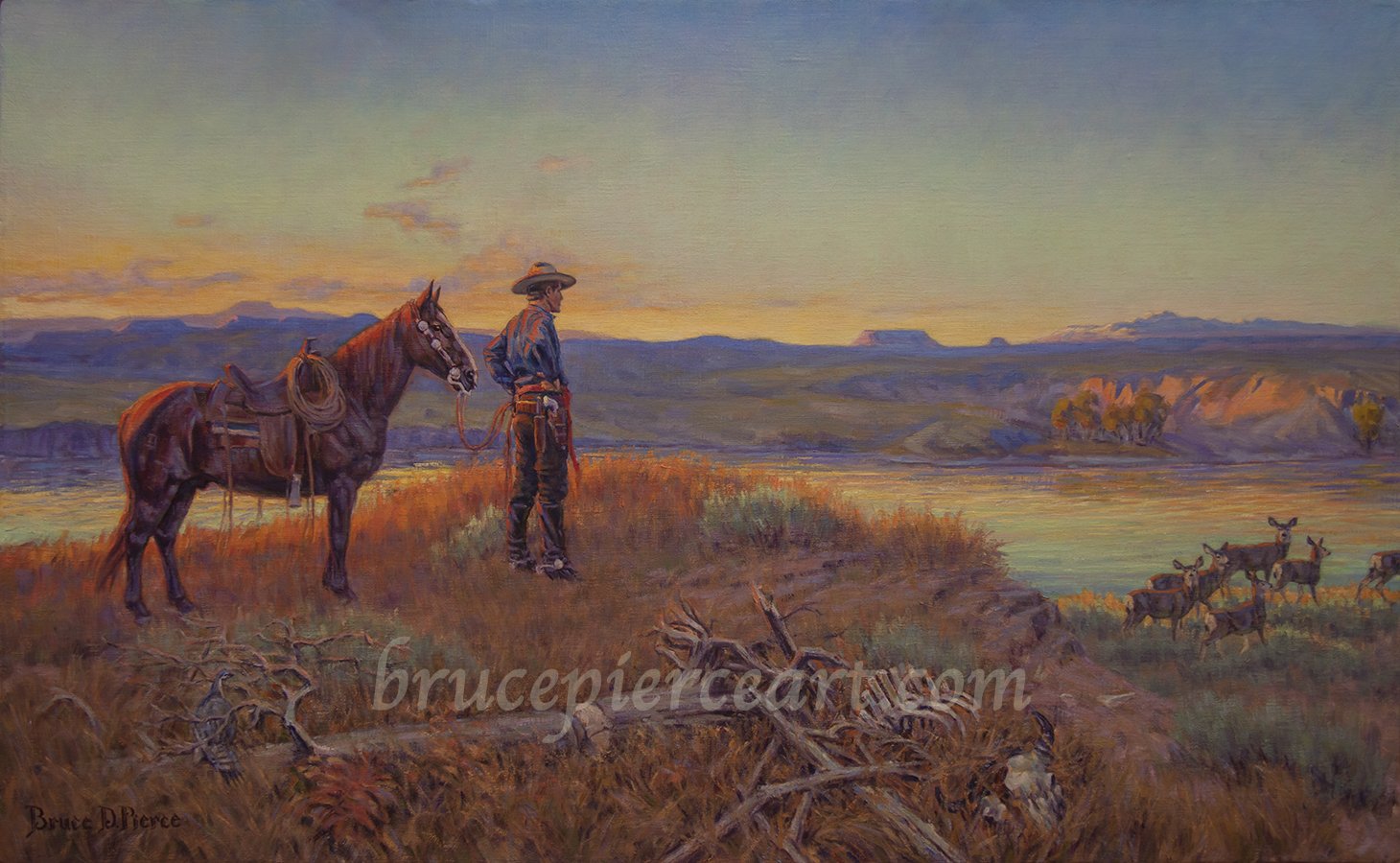 "Charlie's Inspiration Point"
oil on linen, 22"x 36". Sold.
Giclee prints available. Many times I have stood overlooking a scene, and though the animals, or riders are not there, it is easy to envision them being there, and thus a painting idea