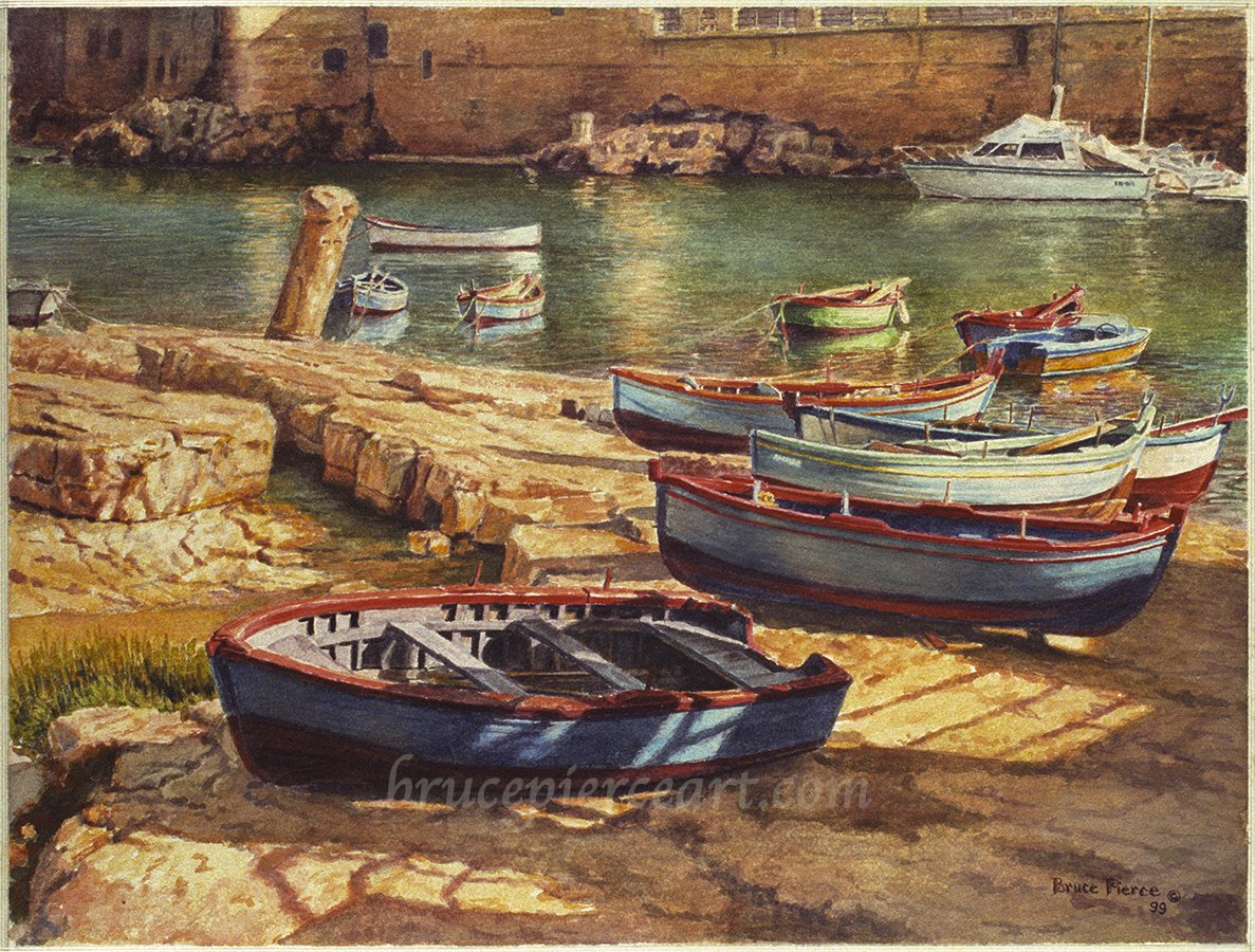 "Afternoon Rest" Giovinazzo, Italy
watercolor, 12"x 16", Sold.
Giclee prints available. I lived in this little fishing village on the shores of the Adriatic Sea, for several months, and never got tired of wandering the streets and "lungo mare" a
