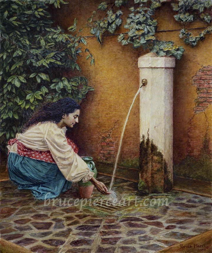 "Una Ragazza alla Fontana"
watercolor, 22"x 18", Sold.
giclee prints available. I came upon this picturesque fountain, in an "off the beaten path" corner of Venice. A monument of a bygone era, when trips to the fountain were a daily necessity of