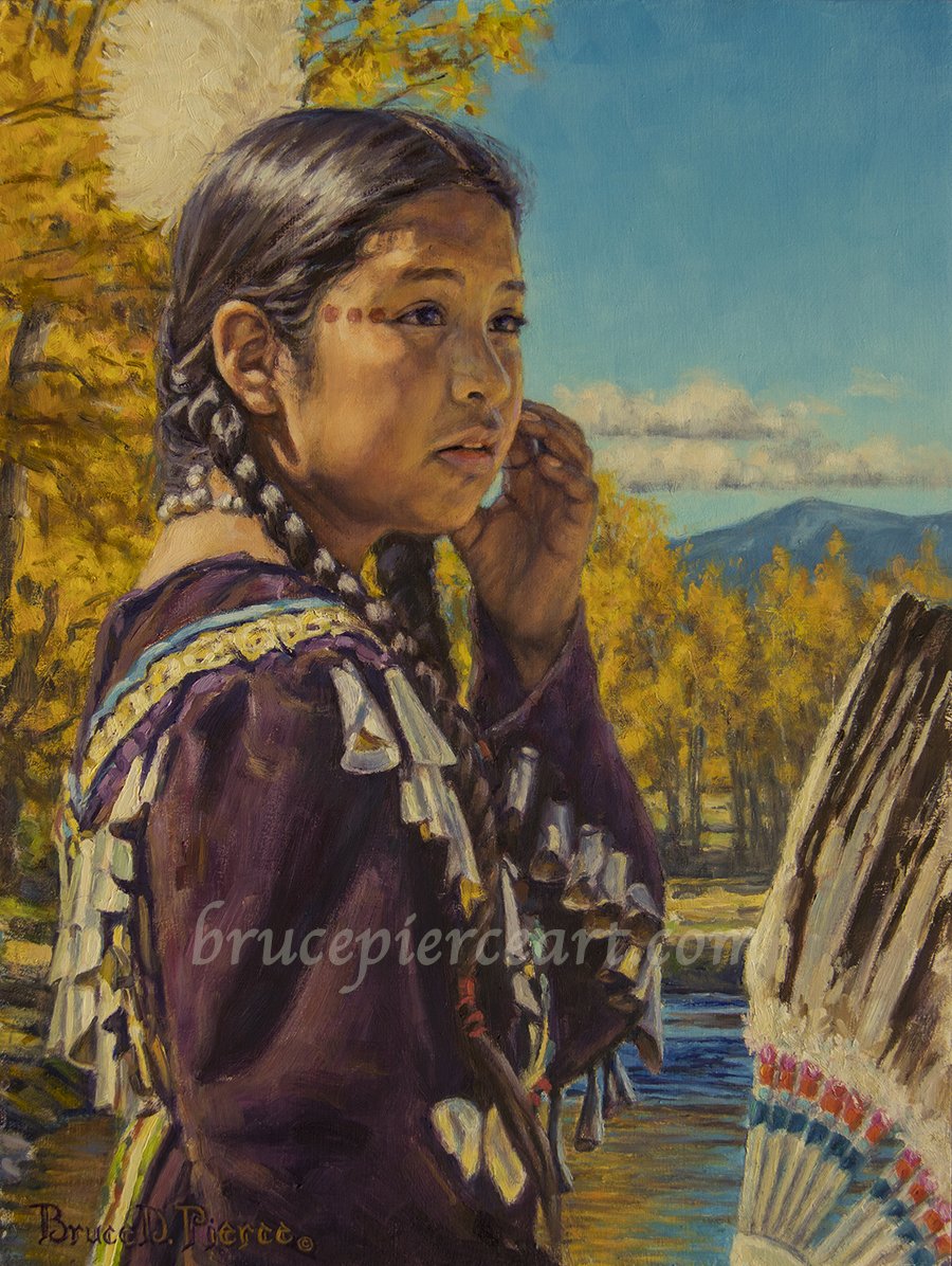 "Jingle Dancer"
oil on board, 16"x 12", Sold.
Giclee prints available. All of these native dancers, in their varied costumes, give me a chance to do "figurative" work, which is still about my favorite type of subject matter!