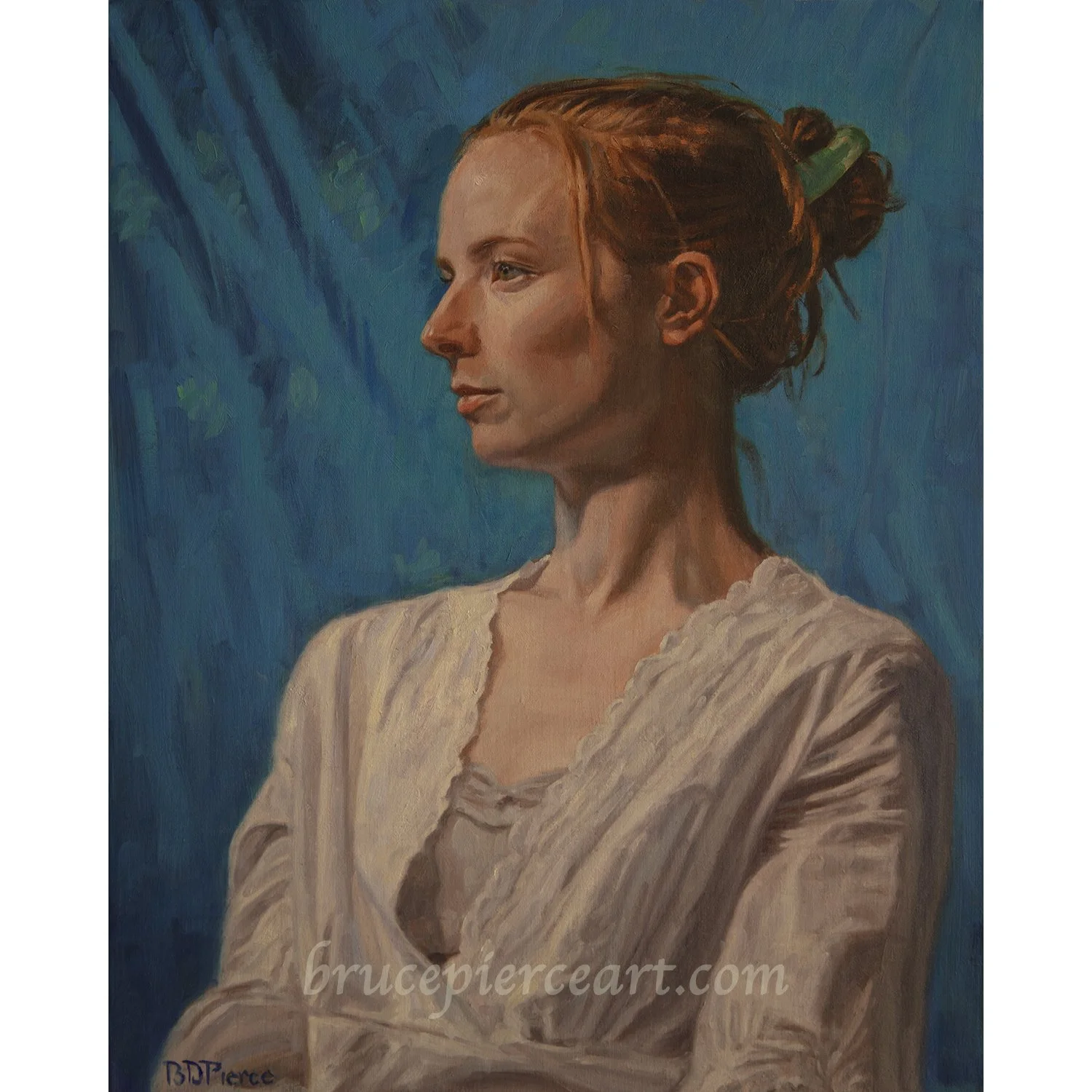 "Red, White and Blue"  oil on linen panel, 20"x 16"    This beautiful young woman with her gorgeous red hair,  pale complexion and color reflecting white blouse, set against this striking blue-green background, made for a very inspiring and enjoyable