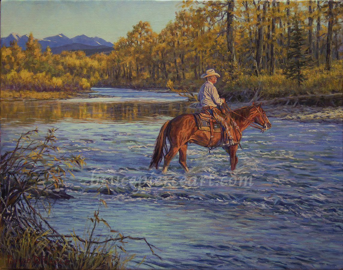 "Sunset Crossing"
oil on linen, 22"x 28", Sold.
Giclee prints available. Another Gallatin River crossing. This is the same part of the river as the "Border Patrol in Paradise" painting, with the Spanish Peaks in the distance. Craig Haythorn i