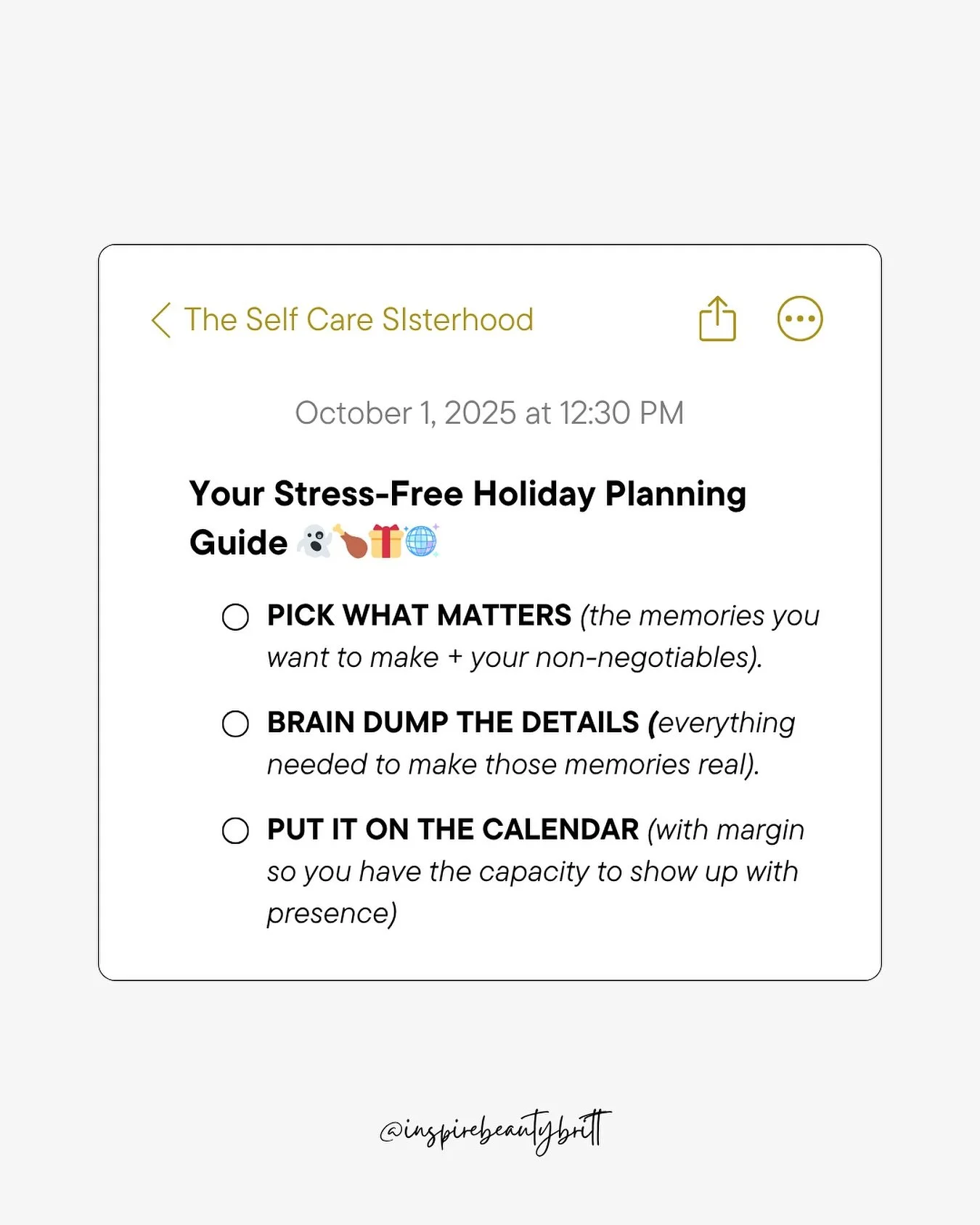 Be honest. 🙋🏽&zwj;♀️ How many times has Q4 and the holiday season caused you to be stressed, overscheduled, and running on fumes by the end of it? 🥴

Here&rsquo;s the truth: you don&rsquo;t need a color-coded binder or a 37-step plan to enjoy your