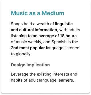 Text from a presentation slide titled 'Music as a Medium' discussing how songs convey linguistic and cultural information, average listening time of 18 hours weekly, and the importance of leveraging interests for adult language learners.