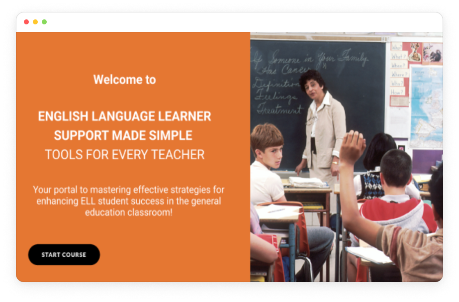 A classroom with students listening to a teacher in front of a blackboard, alongside a promotional graphic for an English language learner support course.