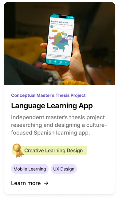 A person holding a smartphone showing a map of Colombia and the words "Explore Colombia" on the screen. The screen also displays a conceptual master's thesis project about a language learning app, with tags like "Creative Learning Design," "Mobile Learning," and "UX Design."