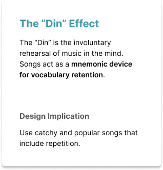 Text explaining the 'Din' effect, a mnemonic device for vocabulary retention through rehearsal and repetition with catchy songs.