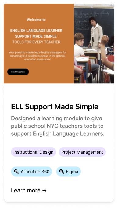 A webpage promoting support tools for English language learners, featuring a classroom scene with a teacher and students, and buttons for instructional design and project management tools.