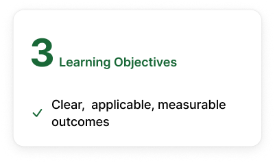 Slide showing learning objectives for point 3, emphasizing clear, applicable, measurable outcomes with a checkmark.