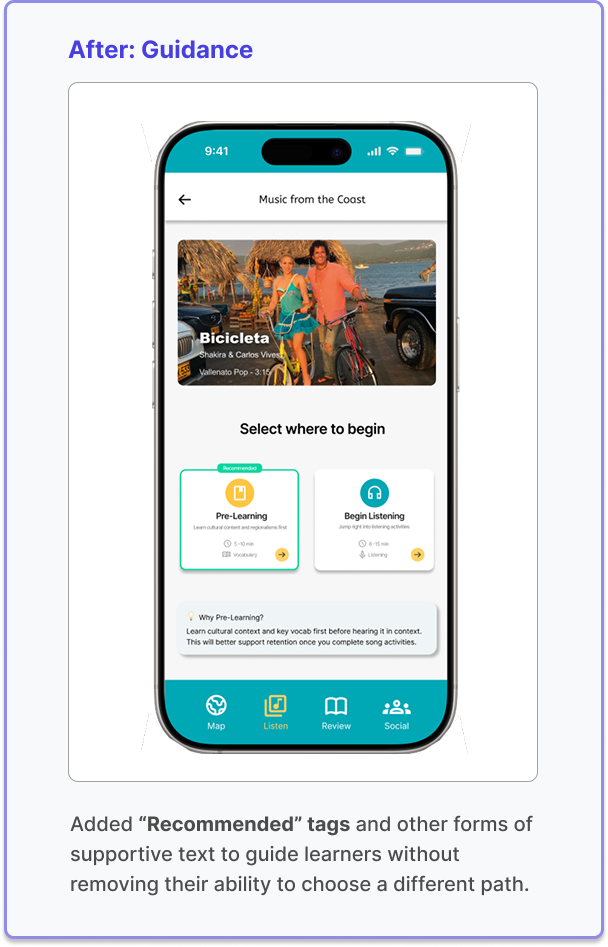 Smartphone screen displaying a language learning app with a beach scene at the top, showing two people with bikes, and options labeled 'Pre-Learning' and 'Begin Listening' for music titled 'Bicicleta' by Shakira & Carlos Vives.