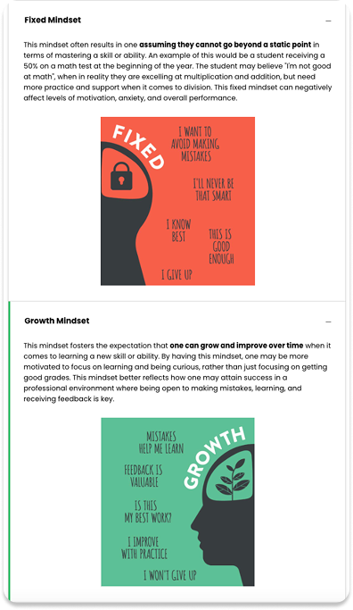 Comparison of fixed mindset and growth mindset displayed with text and illustrations. Fixed mindset section has an orange background with a head silhouette and a lock symbol, stating beliefs like "I want to avoid making mistakes" and "I give up." Growth mindset section has a green background with a head silhouette and a plant graphic, highlighting beliefs such as "Mistakes help me learn" and "I won’t give up."