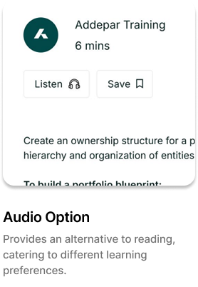 Mobile app screen for Addepar Training showing a 6-minute audio training on creating an ownership structure for a portfolio hierarchy.