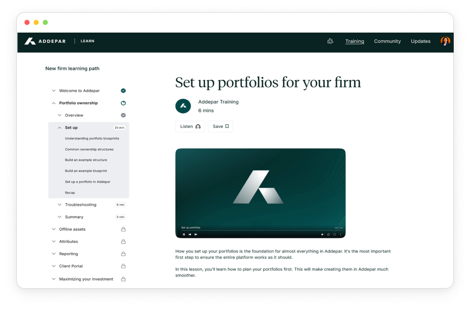 Screenshot of Addepar's online training platform showing a lesson titled "Set up portfolios for your firm" with a video player and a sidebar menu with lessons on portfolio ownership, troubleshooting, offline assets, attributes, reporting, client portal, and maximizing investment.
