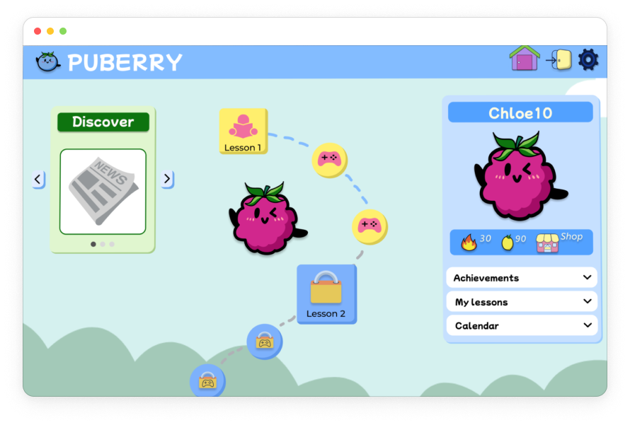 Screenshot of the PUBERRY app interface showing a cartoon berry character named Chloe10 on the right, with icons for fire, apple, and shop below her. The interface displays lessons, achievements, and a calendar. The background has a blue header and a greenish wave pattern at the bottom.