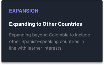 Slide titled 'EXPANSION' with the subtitle 'Expanding to Other Countries' and additional text about including other Spanish-speaking countries beyond Colombia.