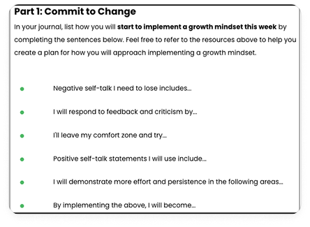 A section titled 'Part 1: Commit to Change' with prompts for journaling about starting to implement a growth mindset this week, including statements to complete for positive self-talk and effort.