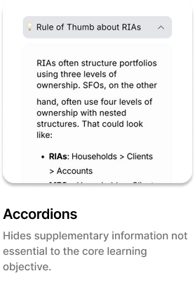 Screenshot of a slide titled 'Rule of Thumb about RIAs' discussing different levels of ownership in portfolio structures, including three levels for RIAs and four levels for traditional structures, with an example of 'Households > Clients > Accounts'.