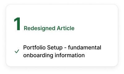 A presentation slide titled 'Redesigned Article' with a subtitle 'Portfolio Setup - fundamental onboarding information' and a checkmark icon.