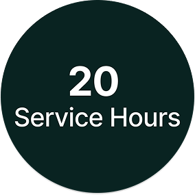 Circle sign with white text that reads '20 Service Hours' on a dark background.