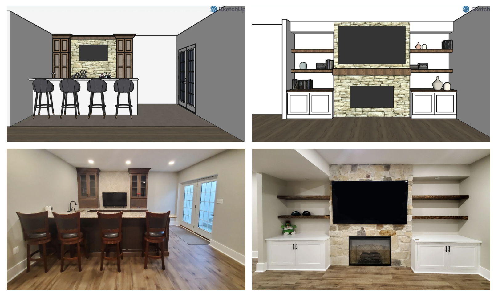 3D rendering and photo of custom bar and entertainment center