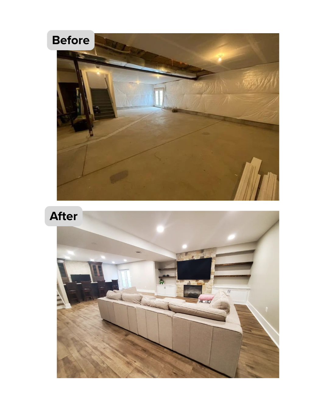 Before and after of a complete finished basement