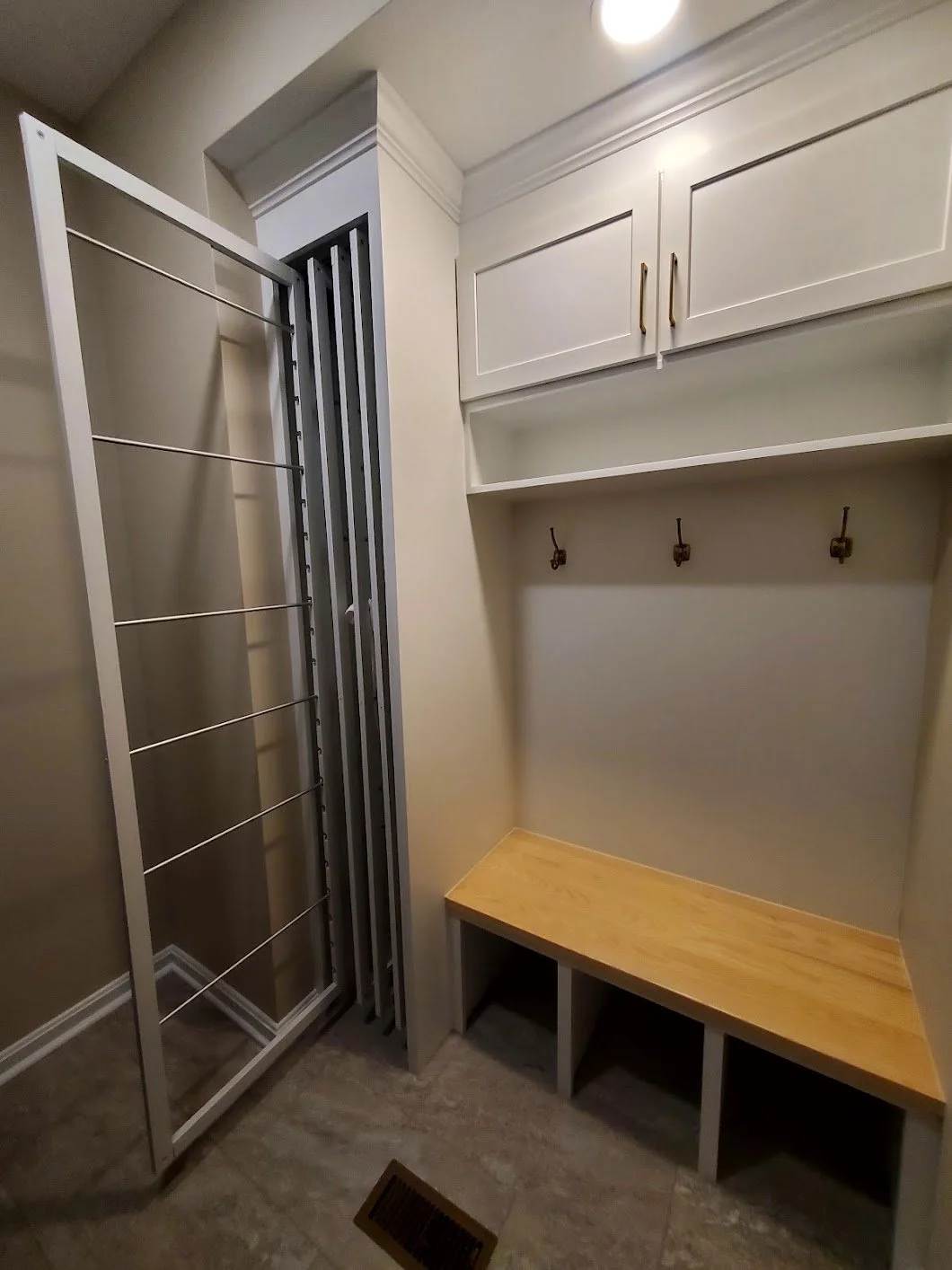 custom storage, bench, and hanging rack system