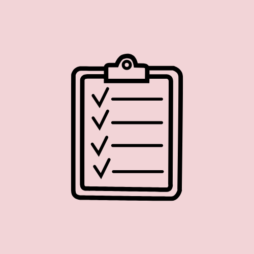 Icon of a clipboard with a checklist and five checked items, on a pink background