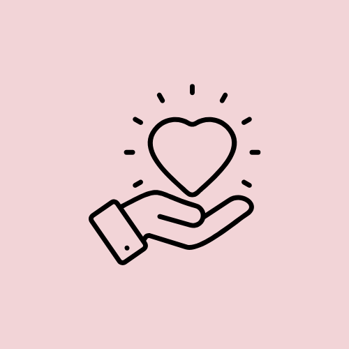Line drawing of a hand holding a heart with radiating lines on a pink background.