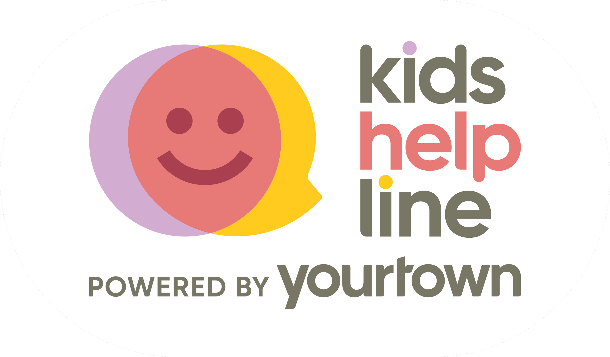 Logo for Kids Help Line, featuring overlapping speech bubbles with a smiling face and the text 'kids help line powered by yourown'.
