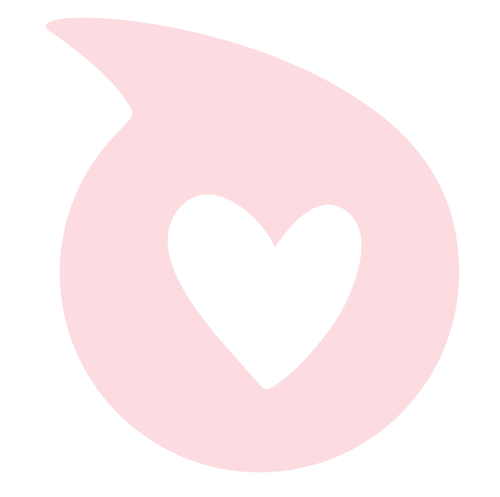 A pink circular shape with a small triangular cutout at the top left, featuring a white heart shape in the center.