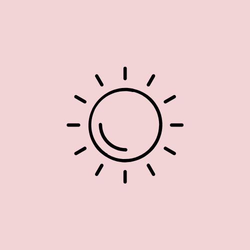 Simple line drawing of a smiling sun with rays on a pink background.