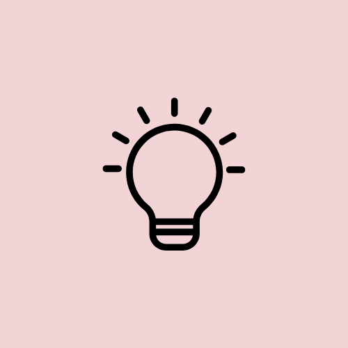 A minimalist black line drawing of a lightbulb with rays emanating from it, on a light pink background.